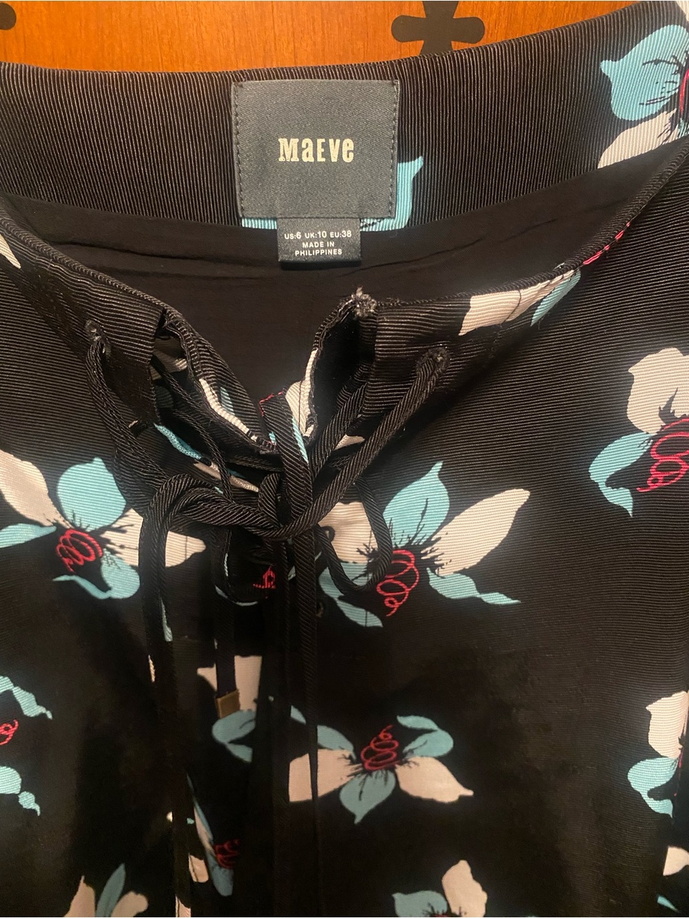 Maeve Black Floral Lace-Up Blouse with Aqua Accents